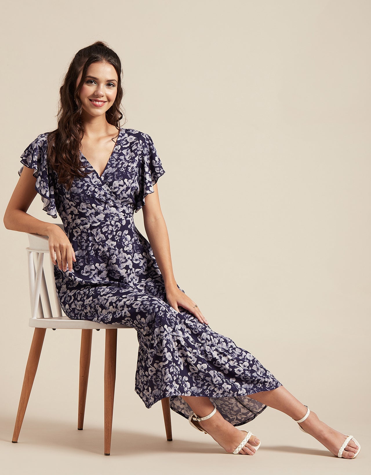 Printed V-Neck Ruffled Midi Dress