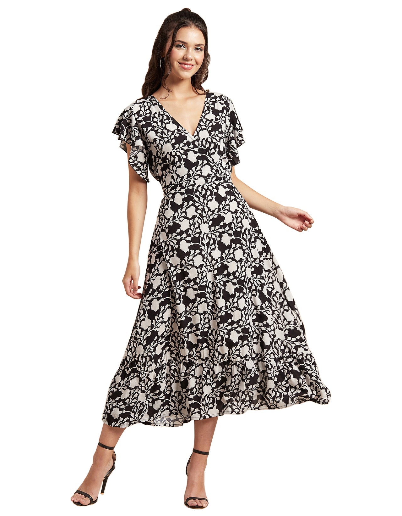 Printed V-Neck Ruffled Midi Dress