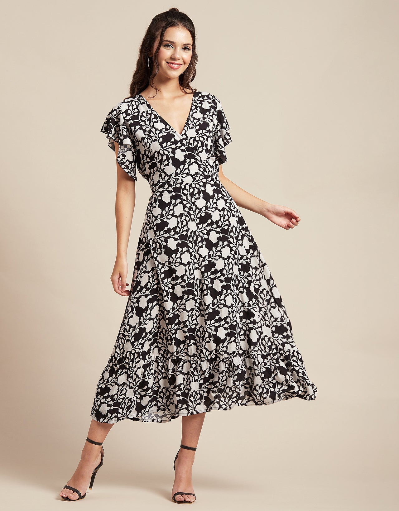 Printed V-Neck Ruffled Midi Dress
