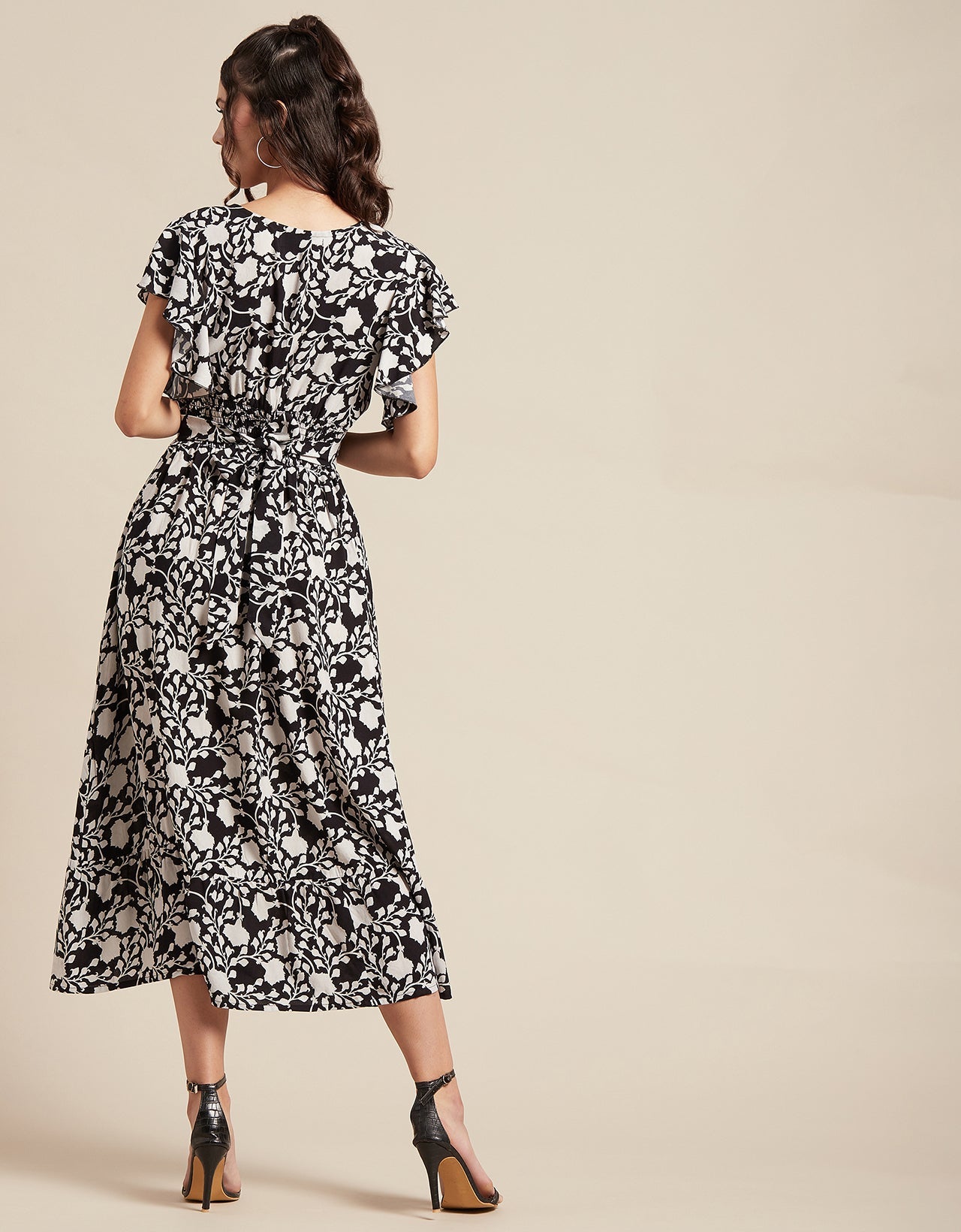 Printed V-Neck Ruffled Midi Dress