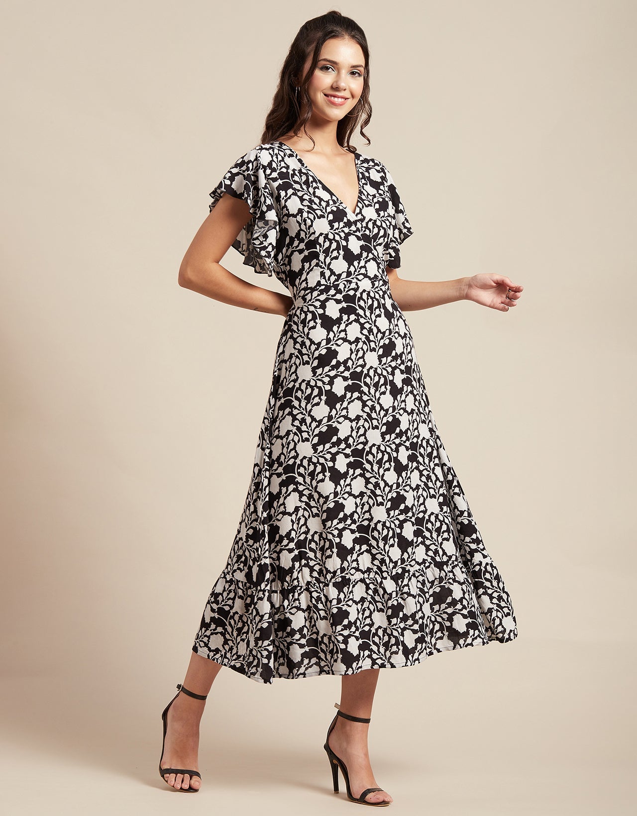 Printed V-Neck Ruffled Midi Dress