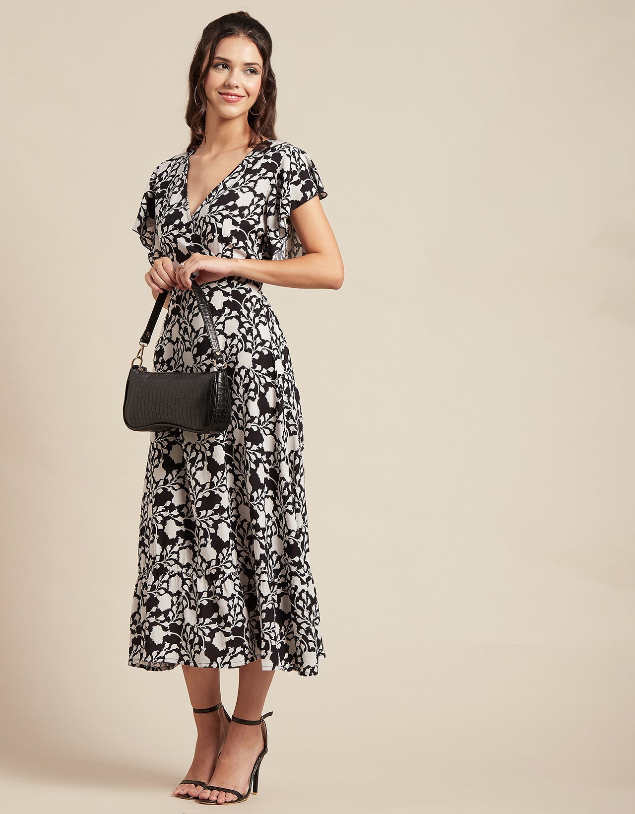 Printed V-Neck Ruffled Midi Dress