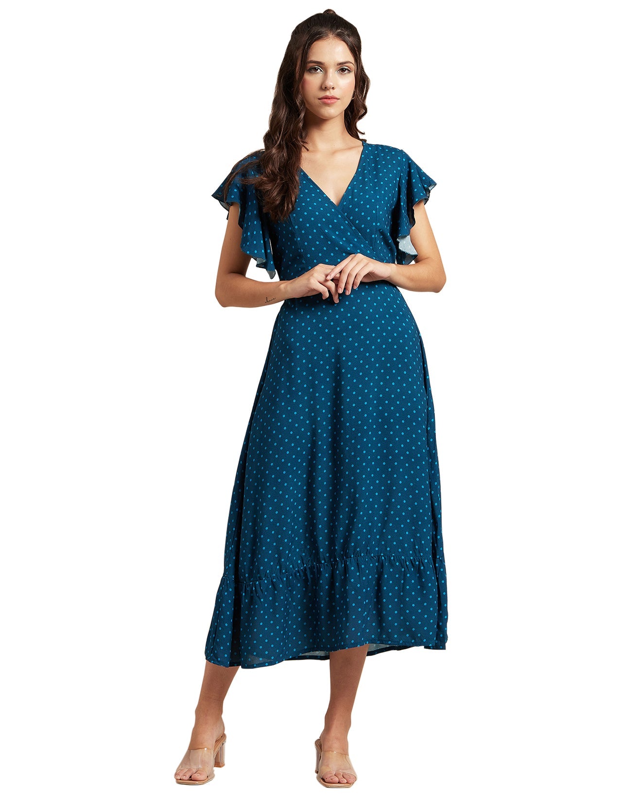 Printed V-Neck Ruffled Midi Dress
