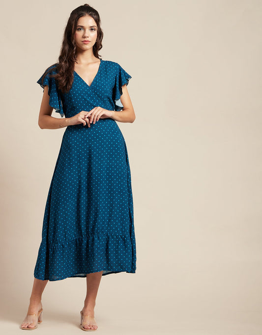 Printed V-Neck Ruffled Midi Dress
