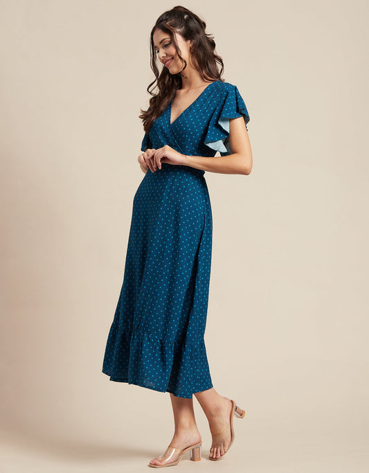 Printed V-Neck Ruffled Midi Dress