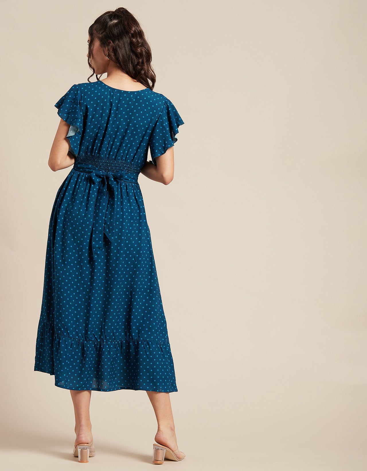 Printed V-Neck Ruffled Midi Dress