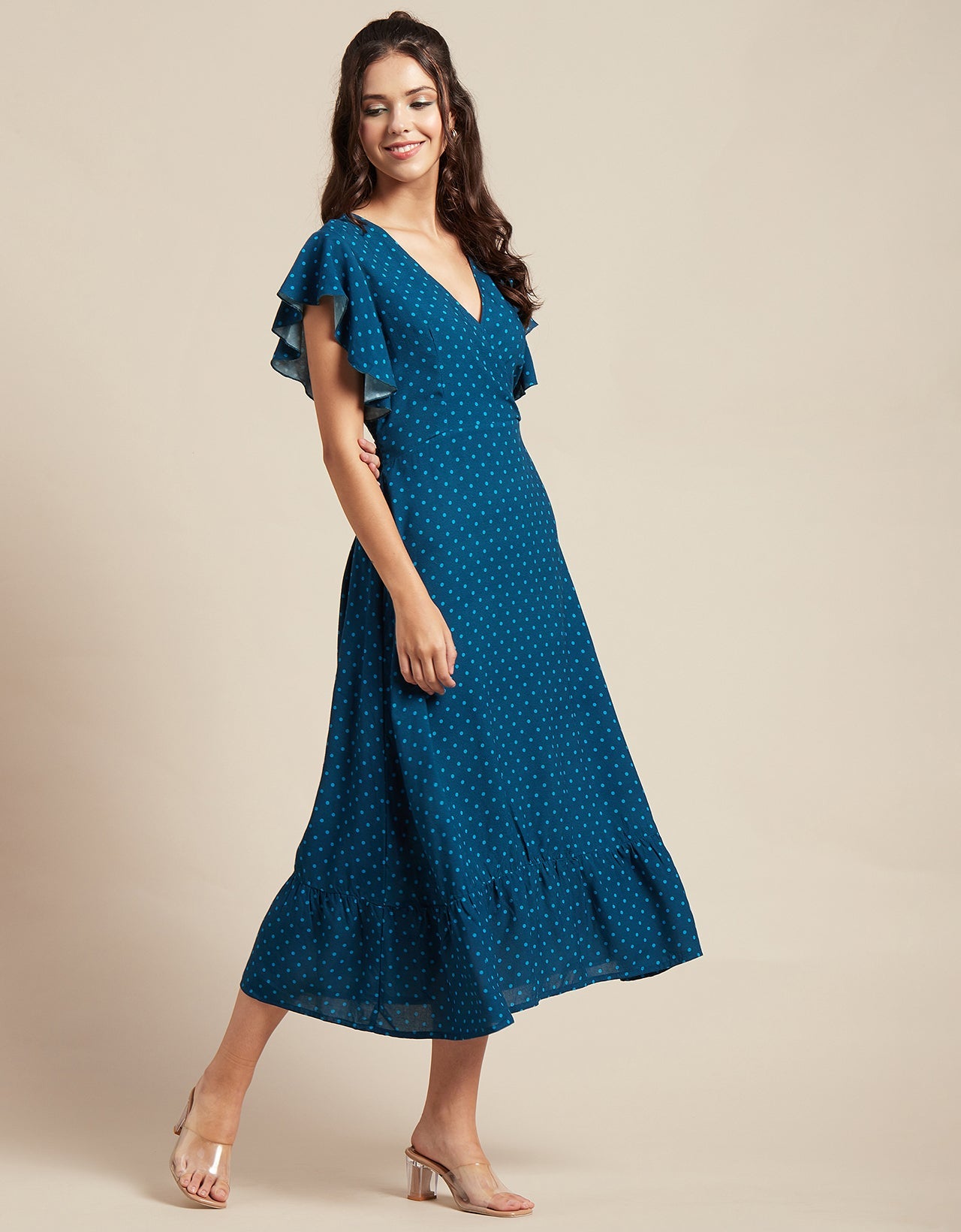 Printed V-Neck Ruffled Midi Dress