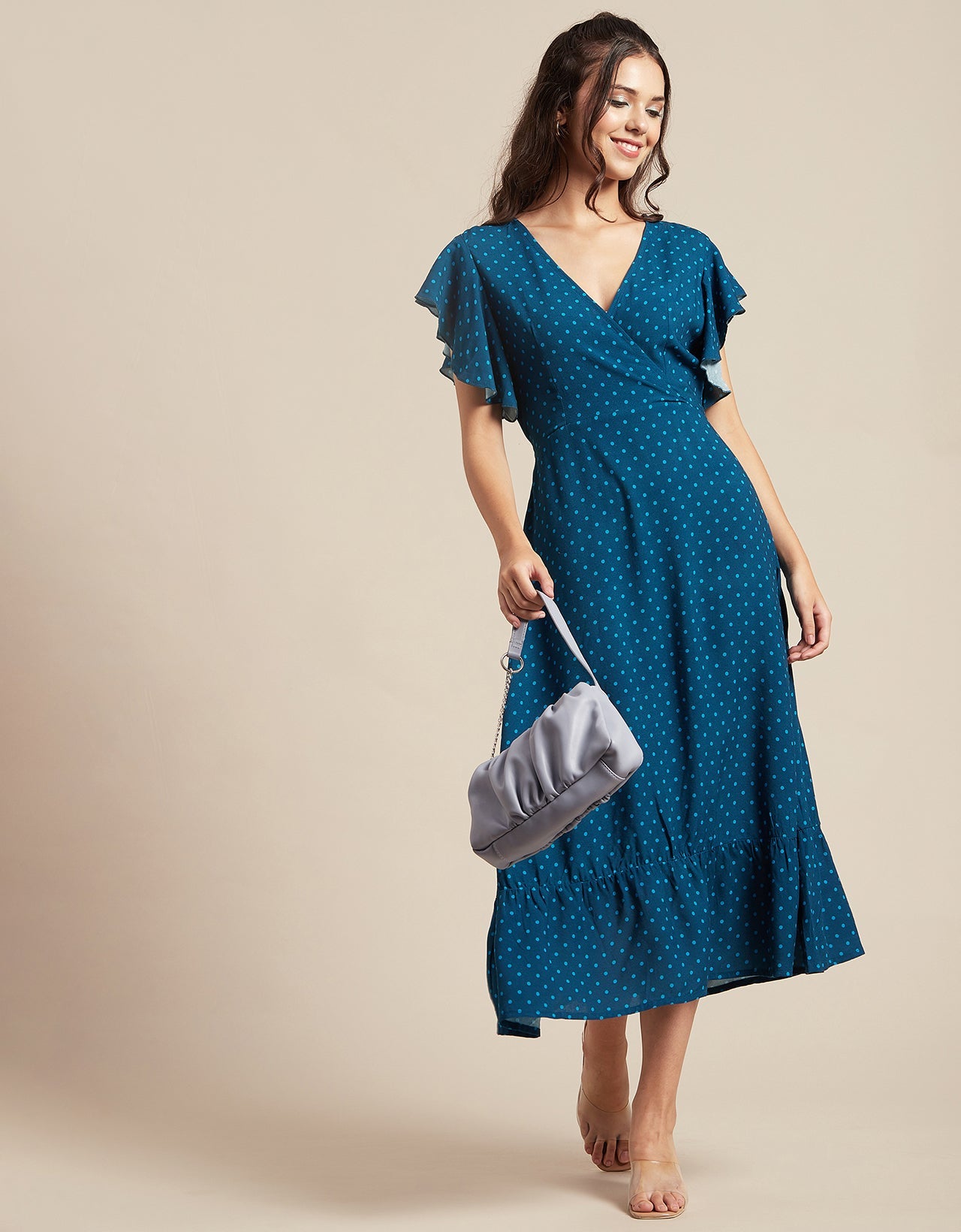 Printed V-Neck Ruffled Midi Dress