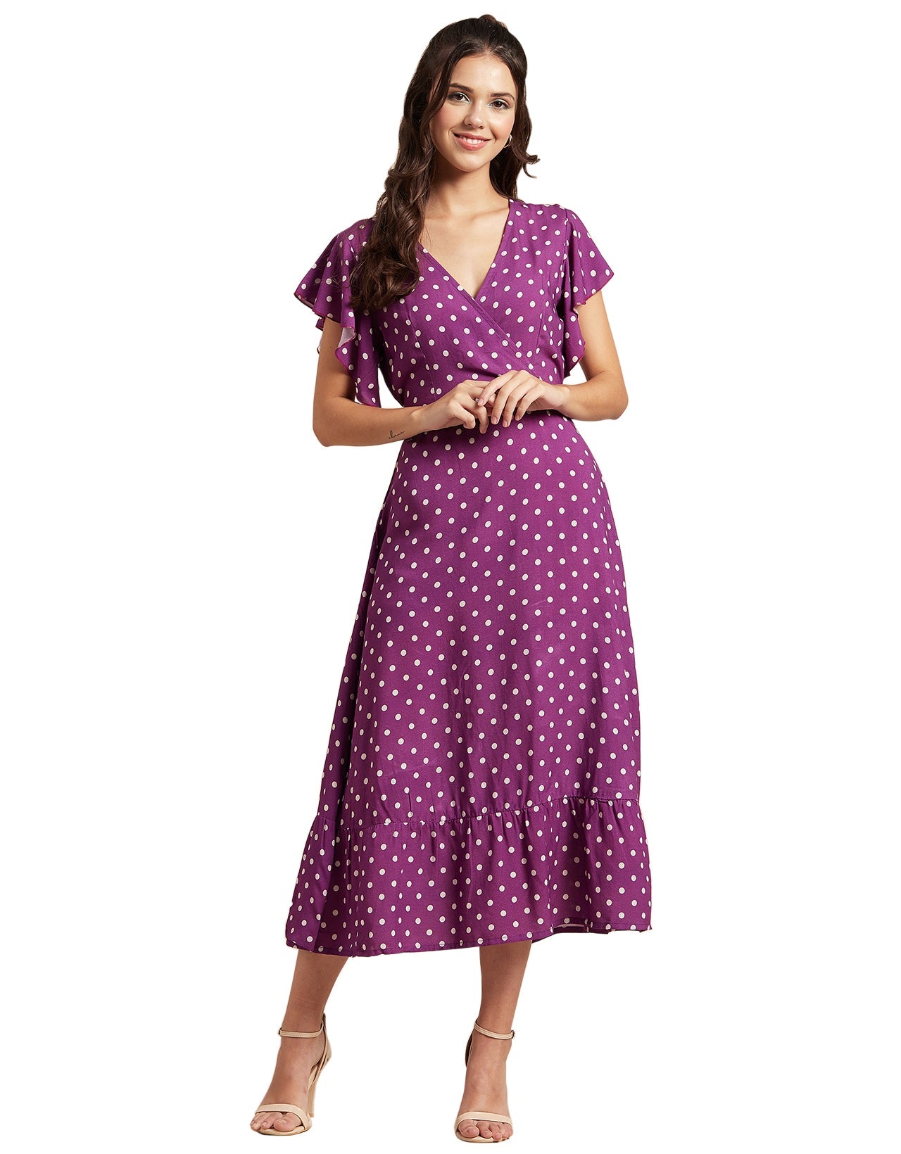 Printed V-Neck Ruffled Midi Dress
