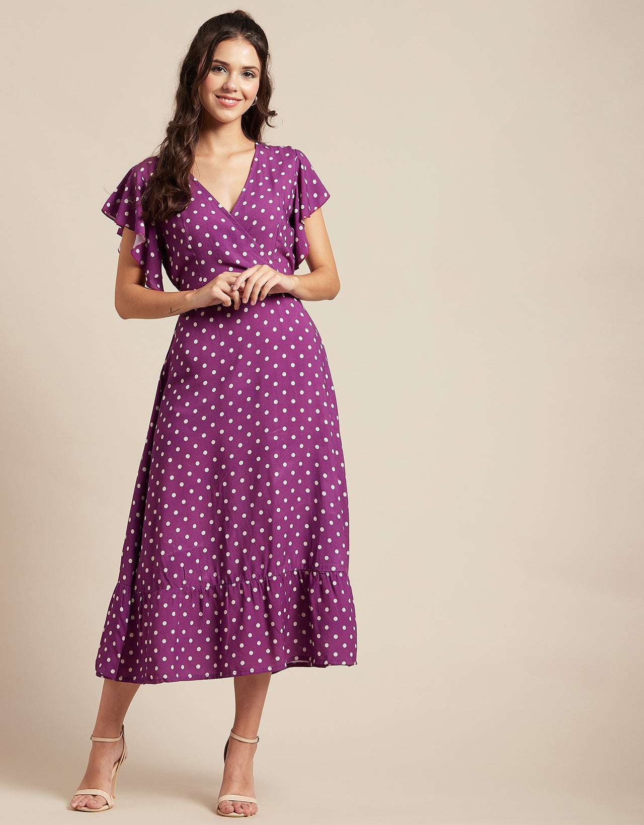 Printed V-Neck Ruffled Midi Dress