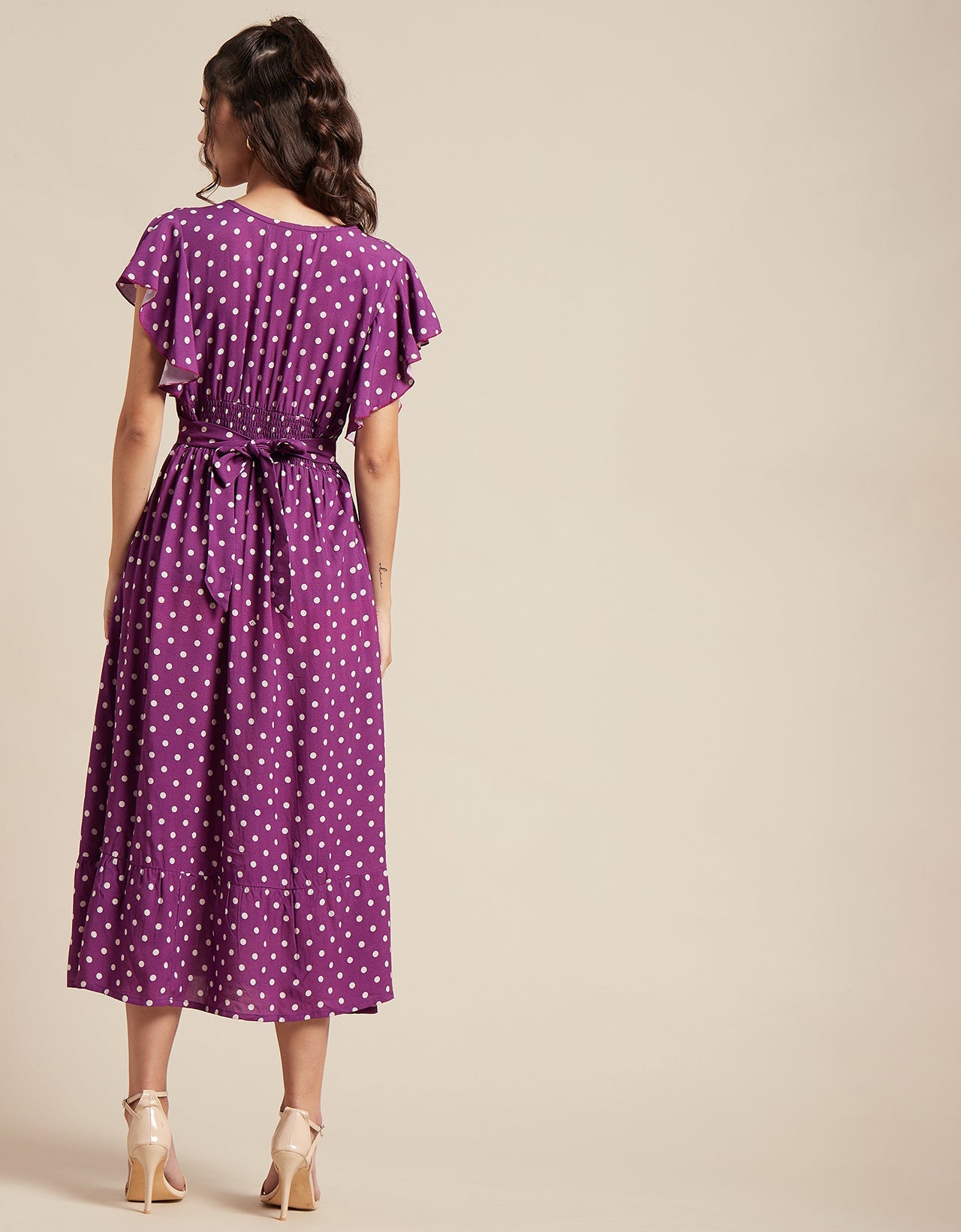 Printed V-Neck Ruffled Midi Dress