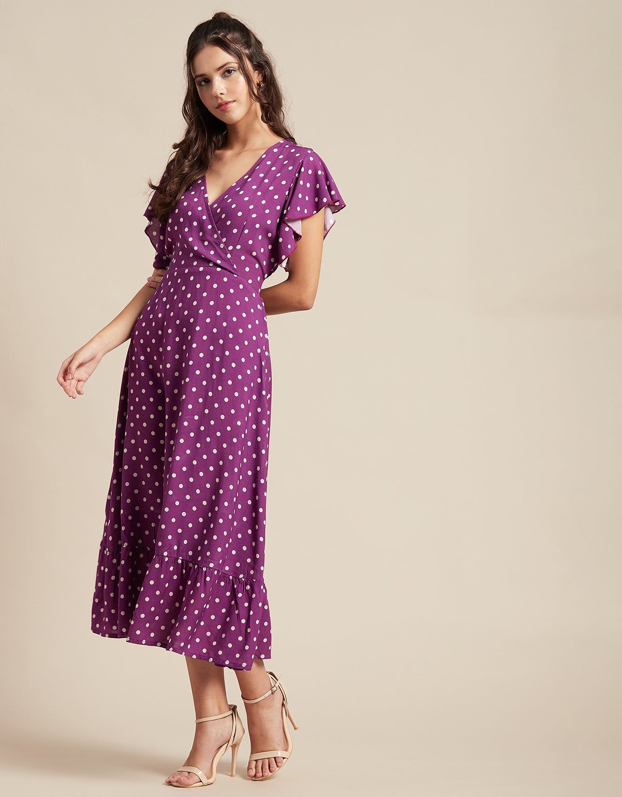 Printed V-Neck Ruffled Midi Dress