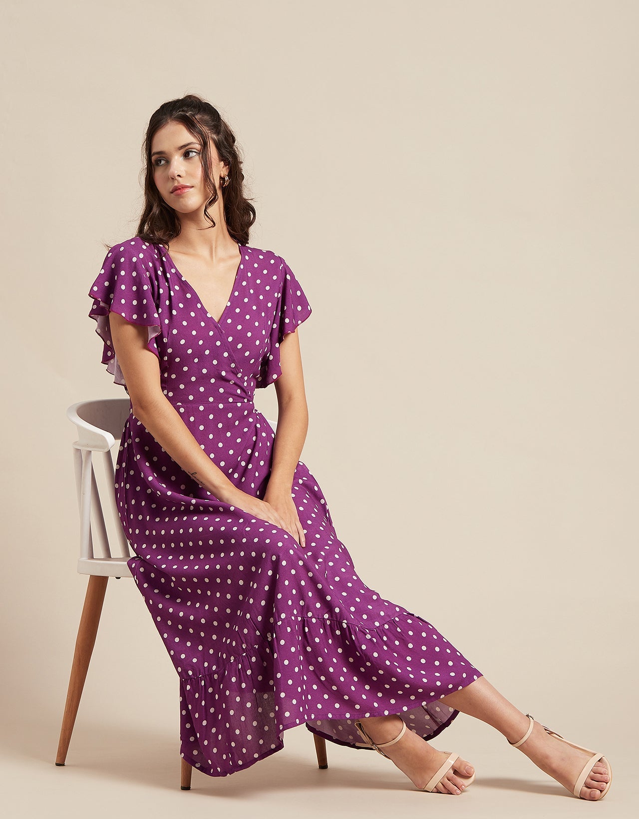 Printed V-Neck Ruffled Midi Dress