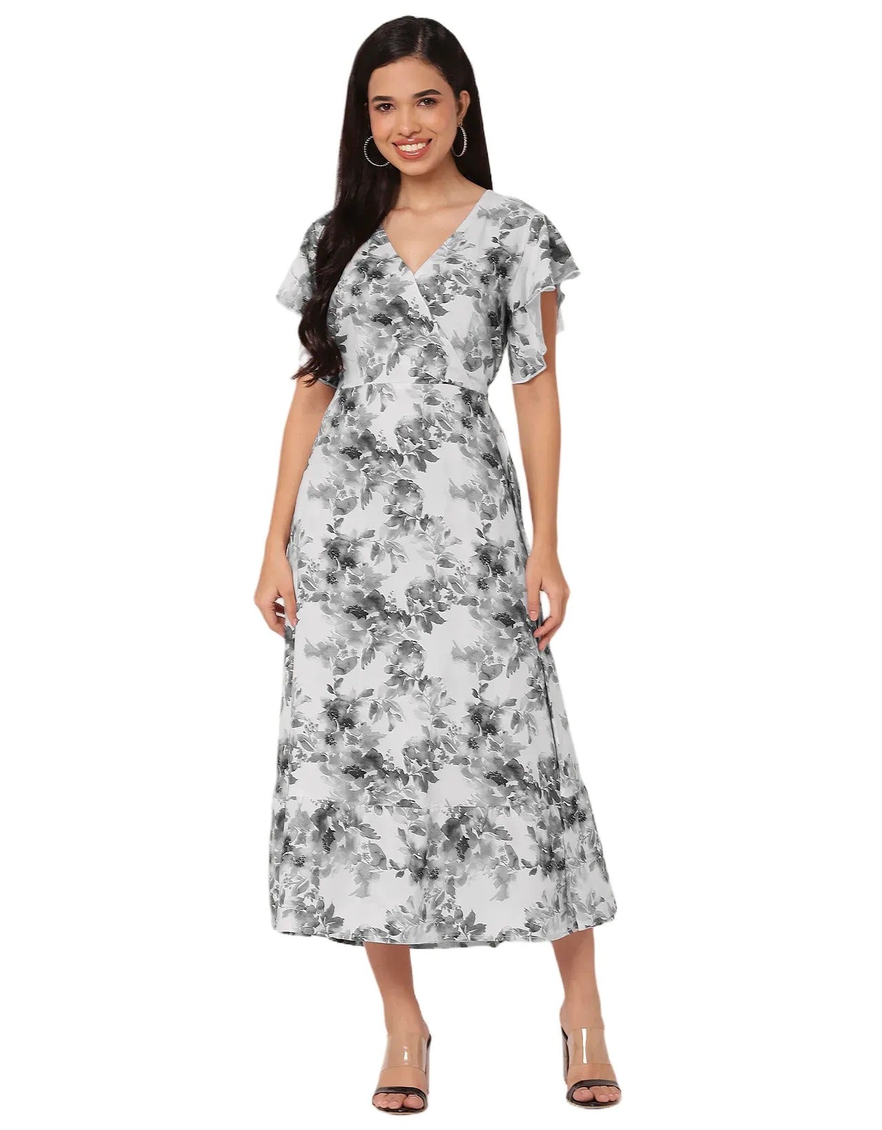 Printed V-Neck Ruffled Midi Dress