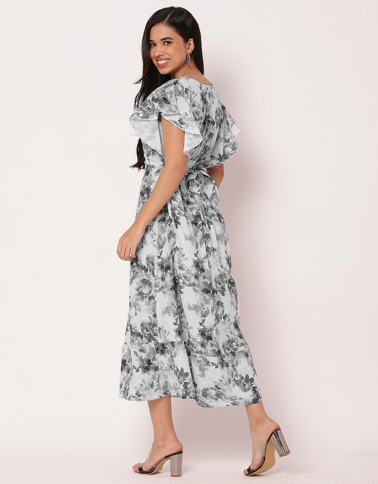 Printed V-Neck Ruffled Midi Dress