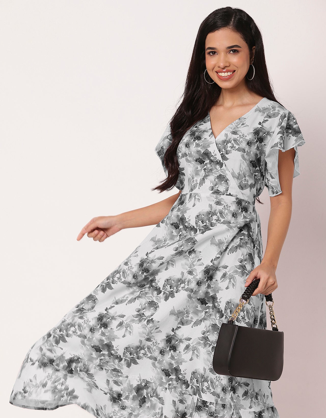 Printed V-Neck Ruffled Midi Dress