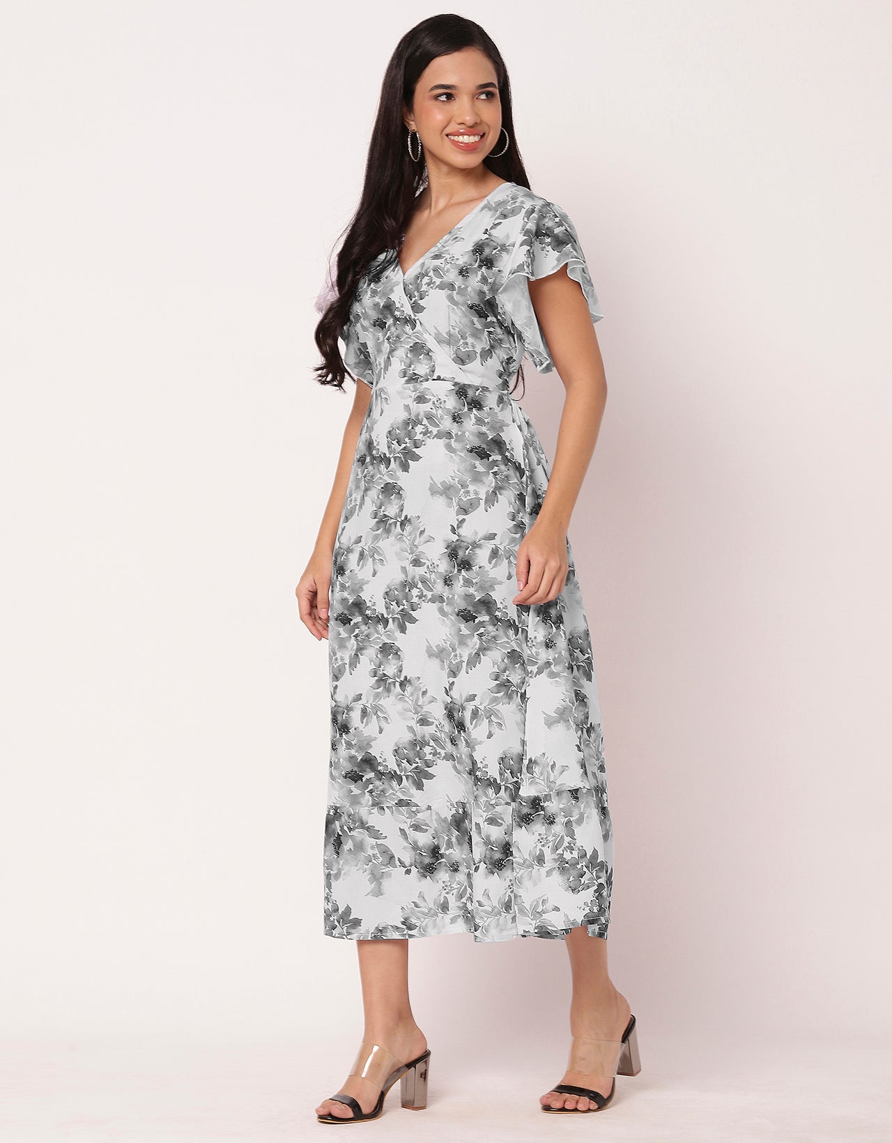Printed V-Neck Ruffled Midi Dress
