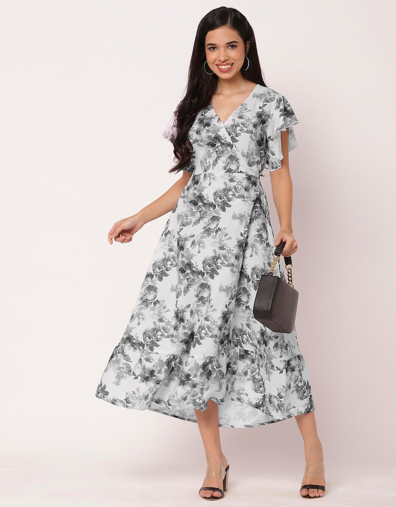 Printed V-Neck Ruffled Midi Dress
