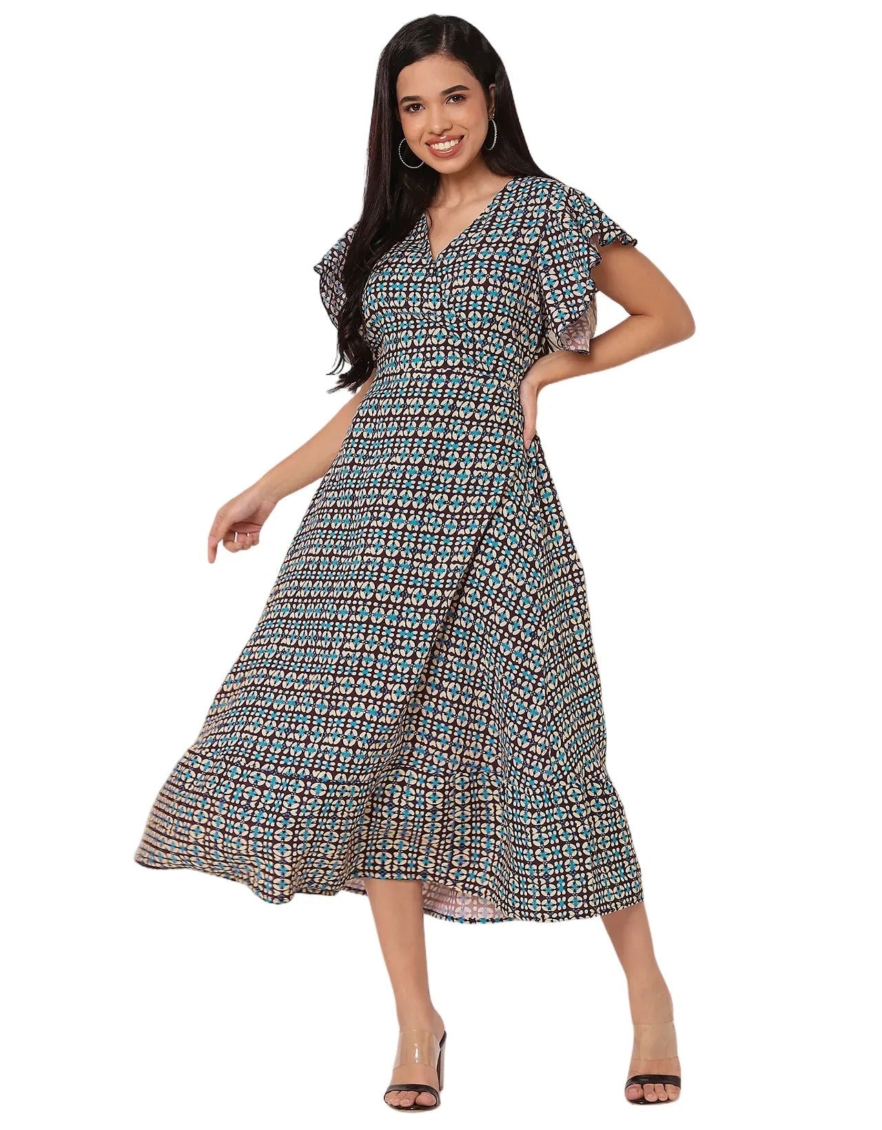 Printed V-Neck Ruffled Midi Dress