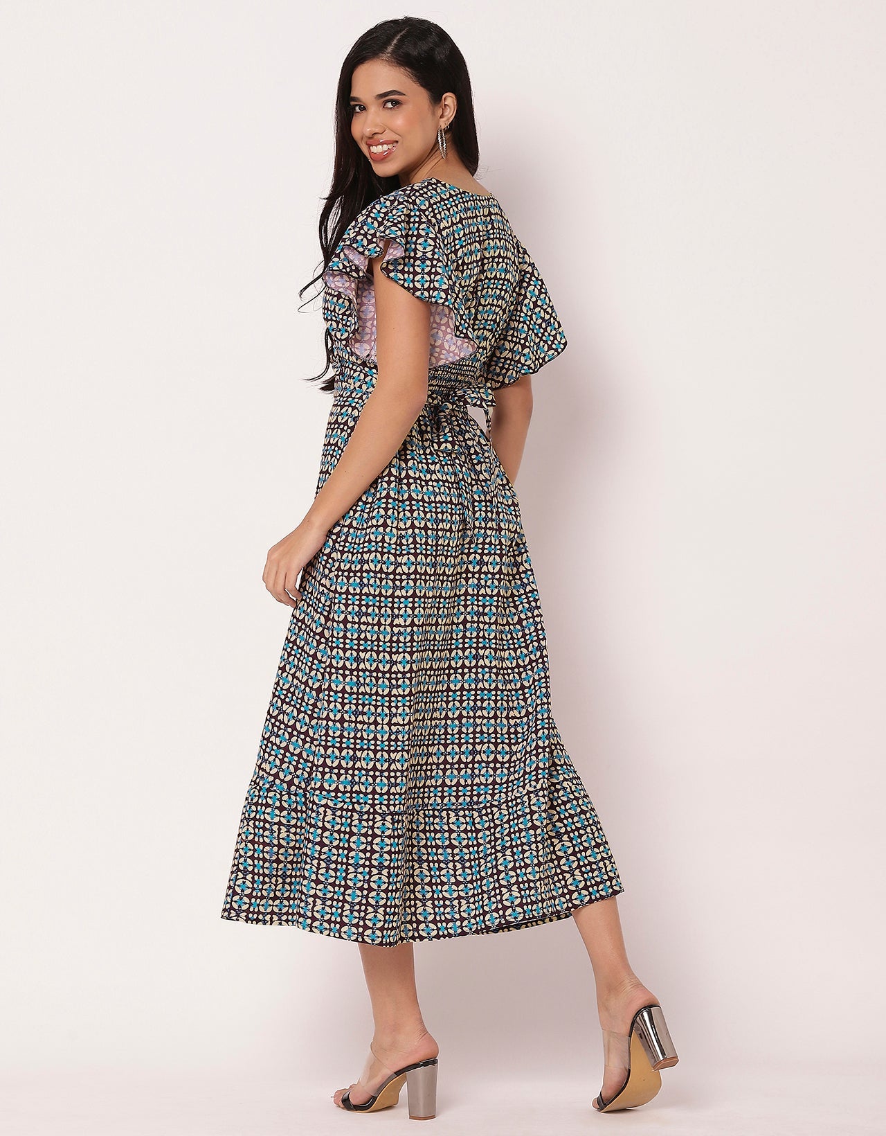Printed V-Neck Ruffled Midi Dress