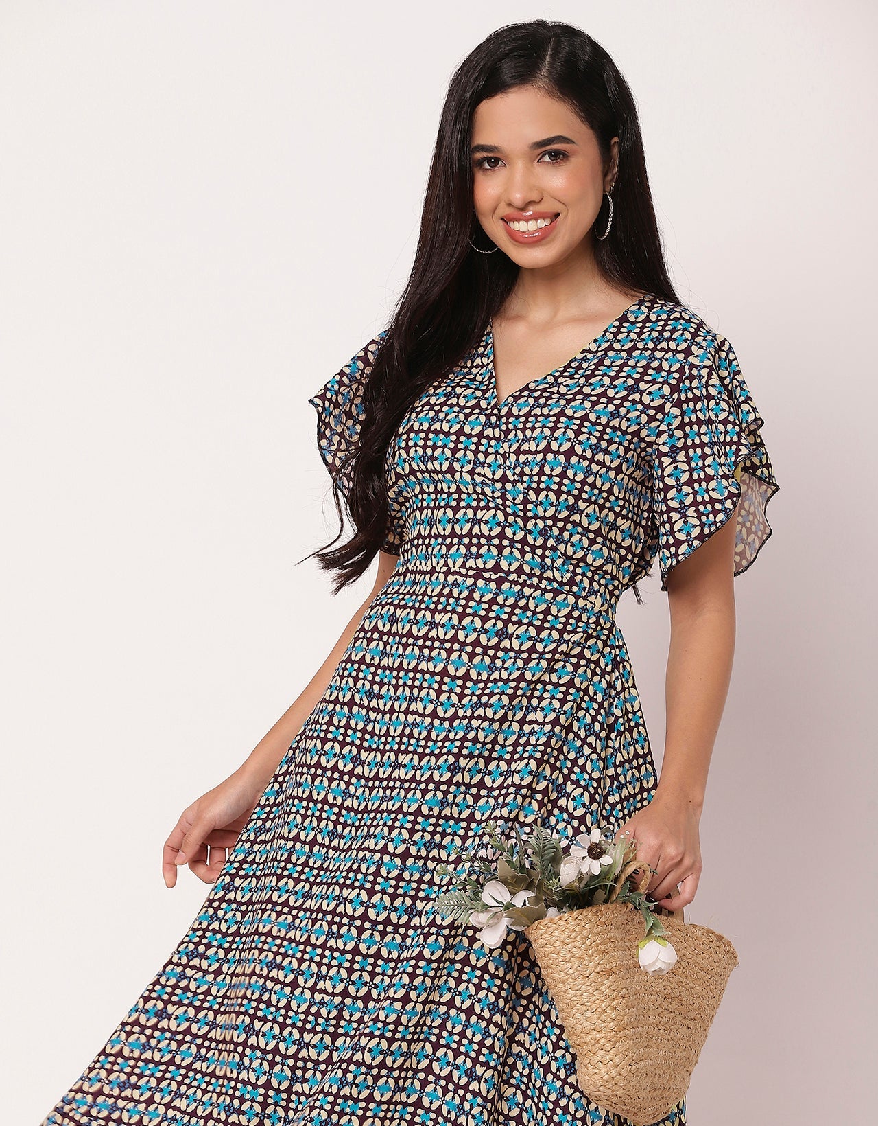 Printed V-Neck Ruffled Midi Dress
