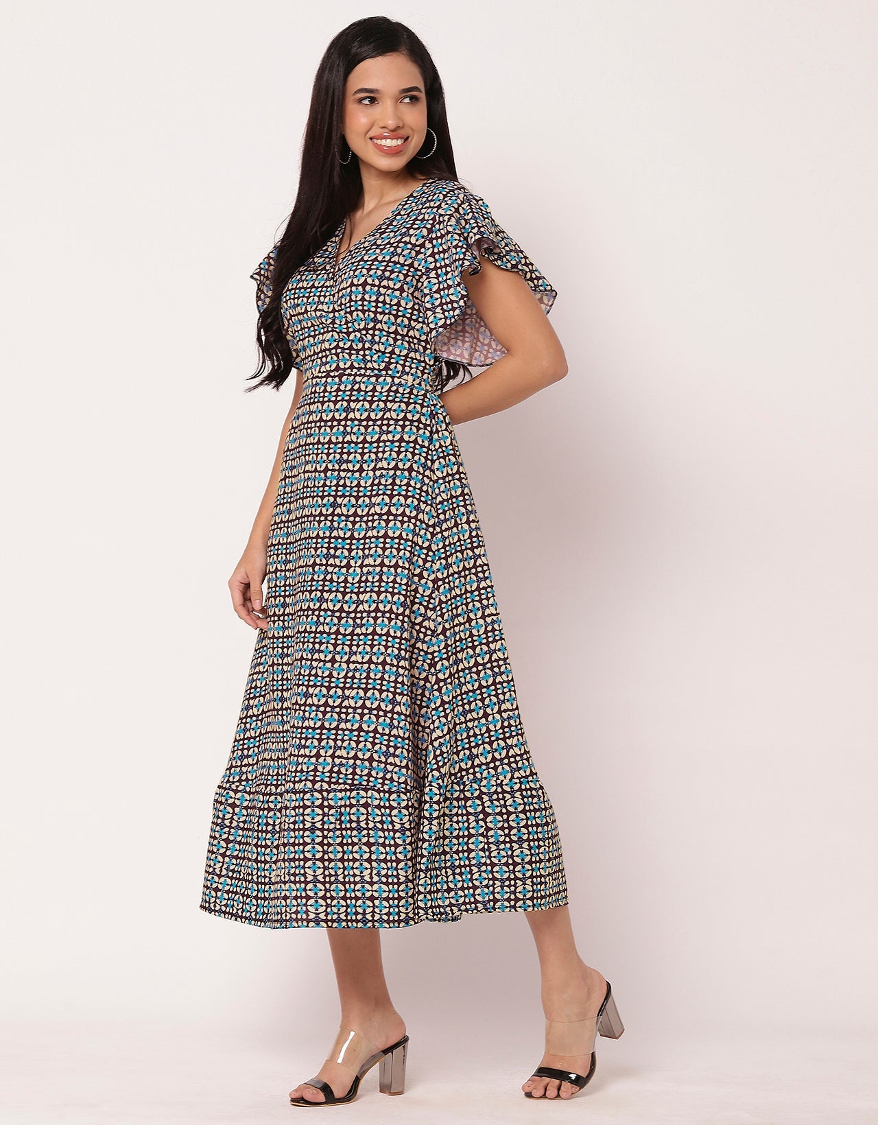 Printed V-Neck Ruffled Midi Dress