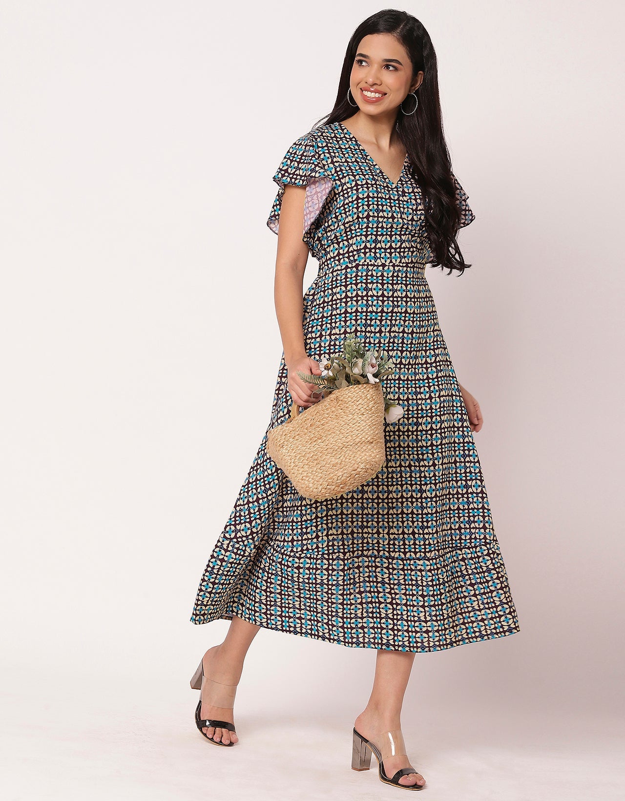 Printed V-Neck Ruffled Midi Dress