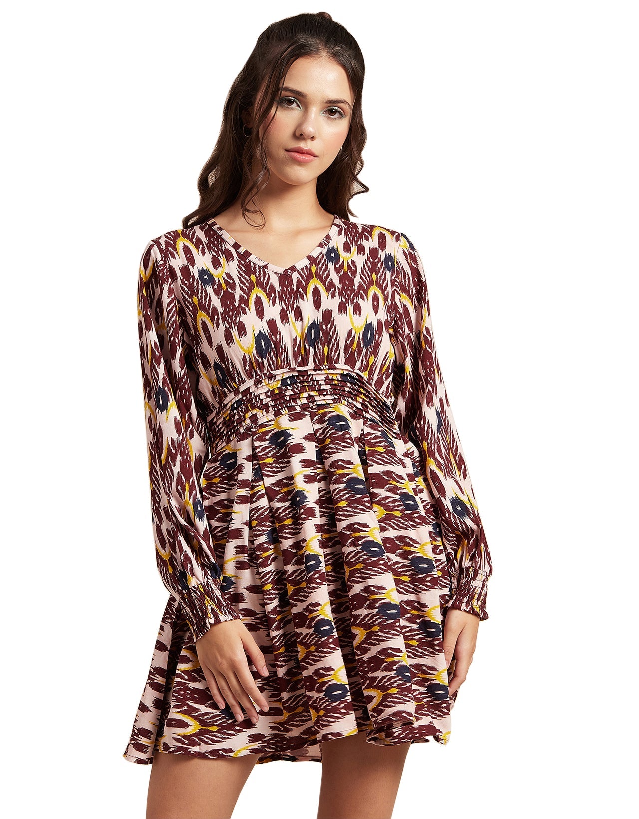 Printed Viscose Dress, Balloon Waist