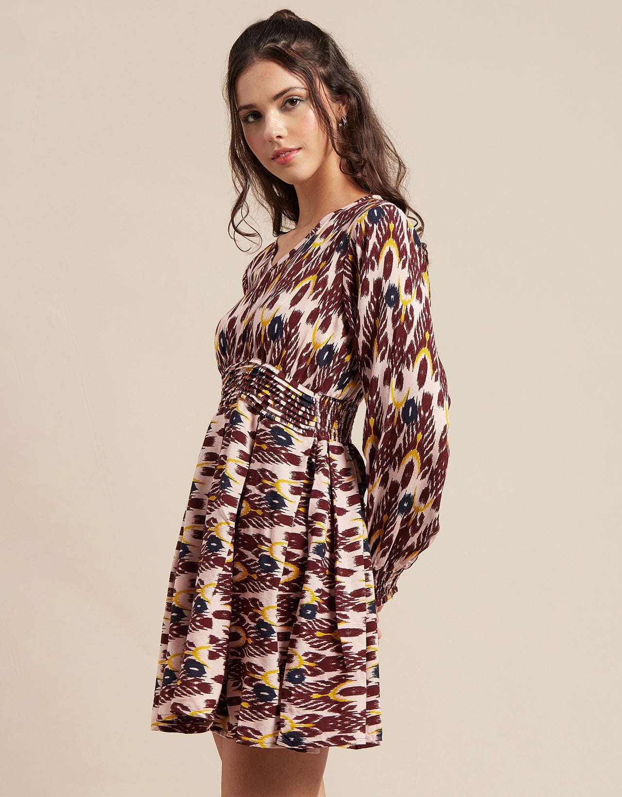 Printed Viscose Dress, Balloon Waist
