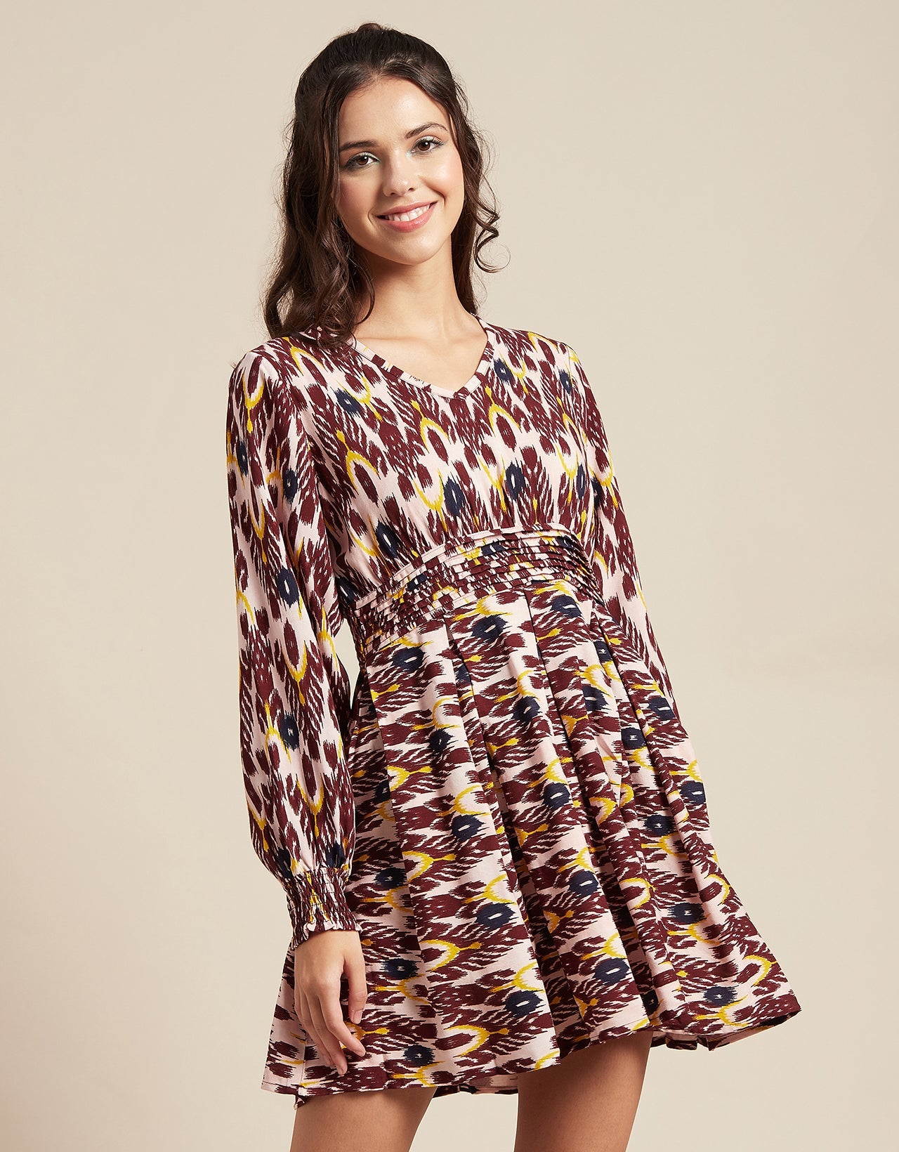 Printed Viscose Dress, Balloon Waist