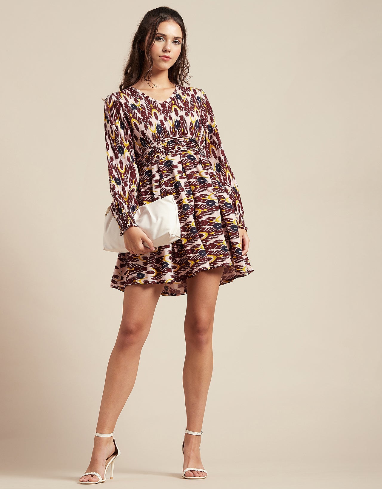 Printed Viscose Dress, Balloon Waist