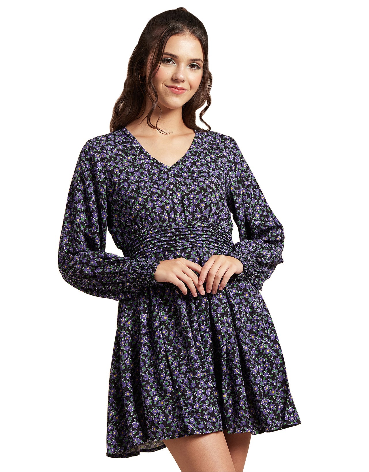 Printed Viscose Dress, Balloon Waist
