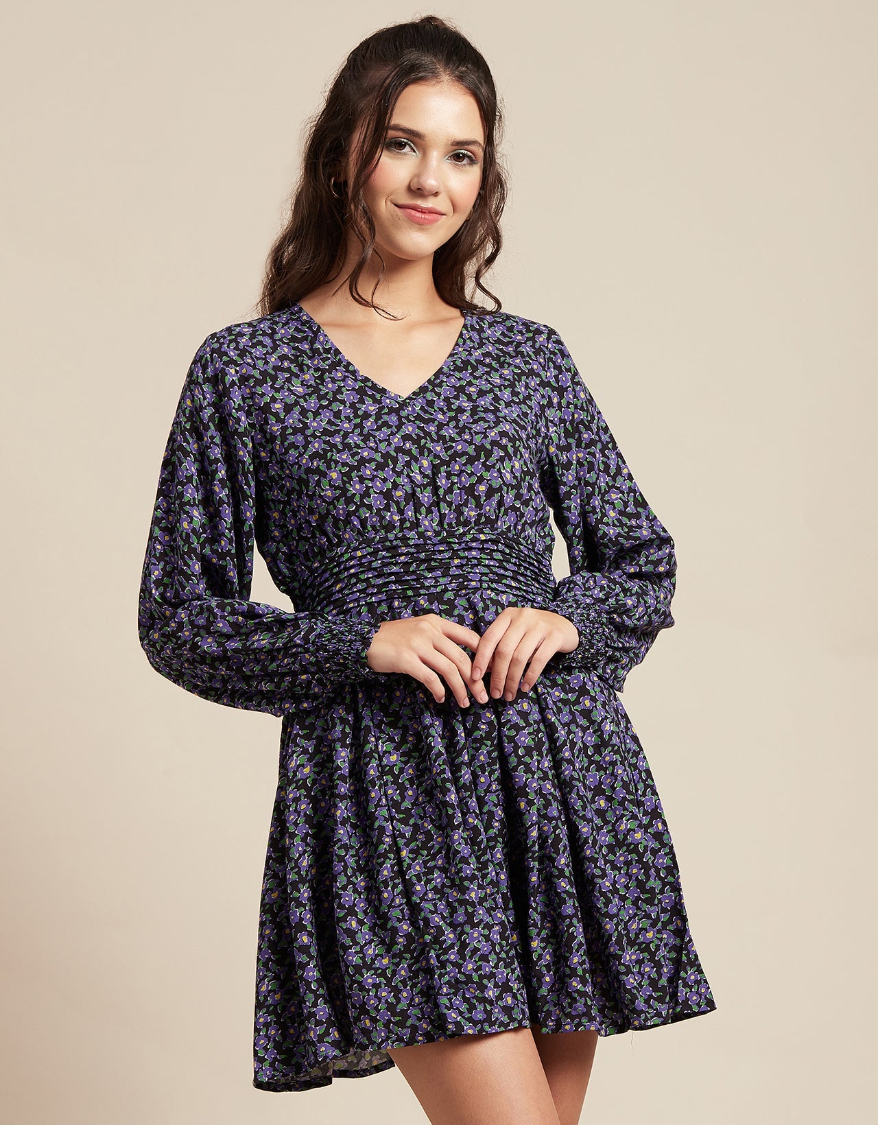 Printed Viscose Dress, Balloon Waist