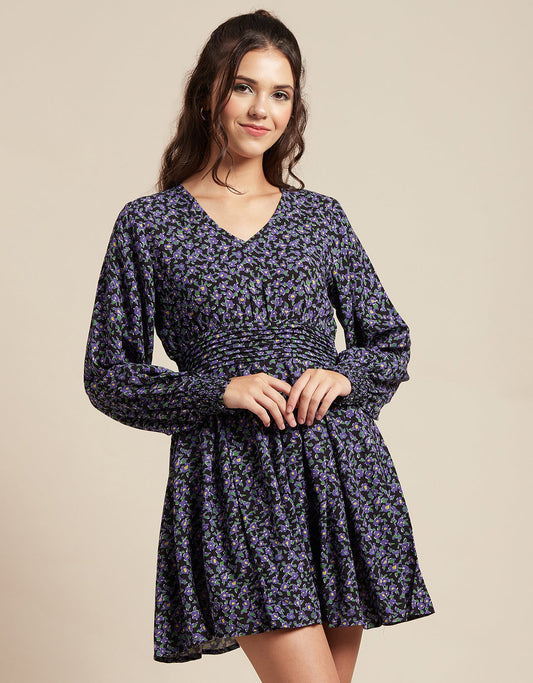 Printed Viscose Dress, Balloon Waist