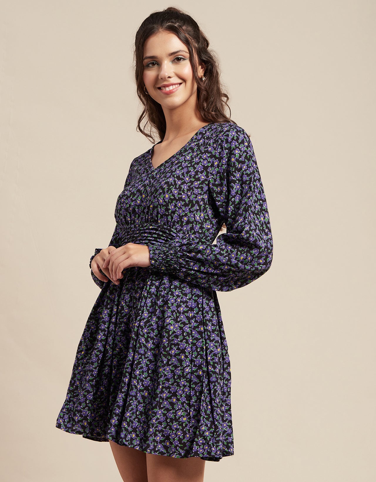 Printed Viscose Dress, Balloon Waist