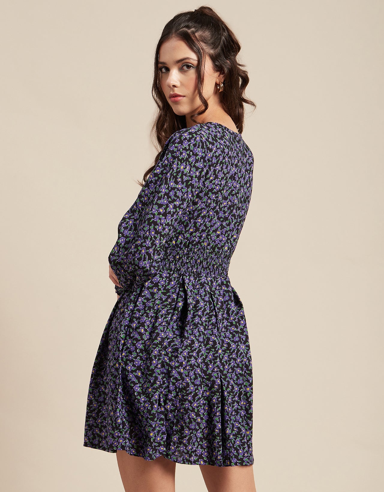 Printed Viscose Dress, Balloon Waist
