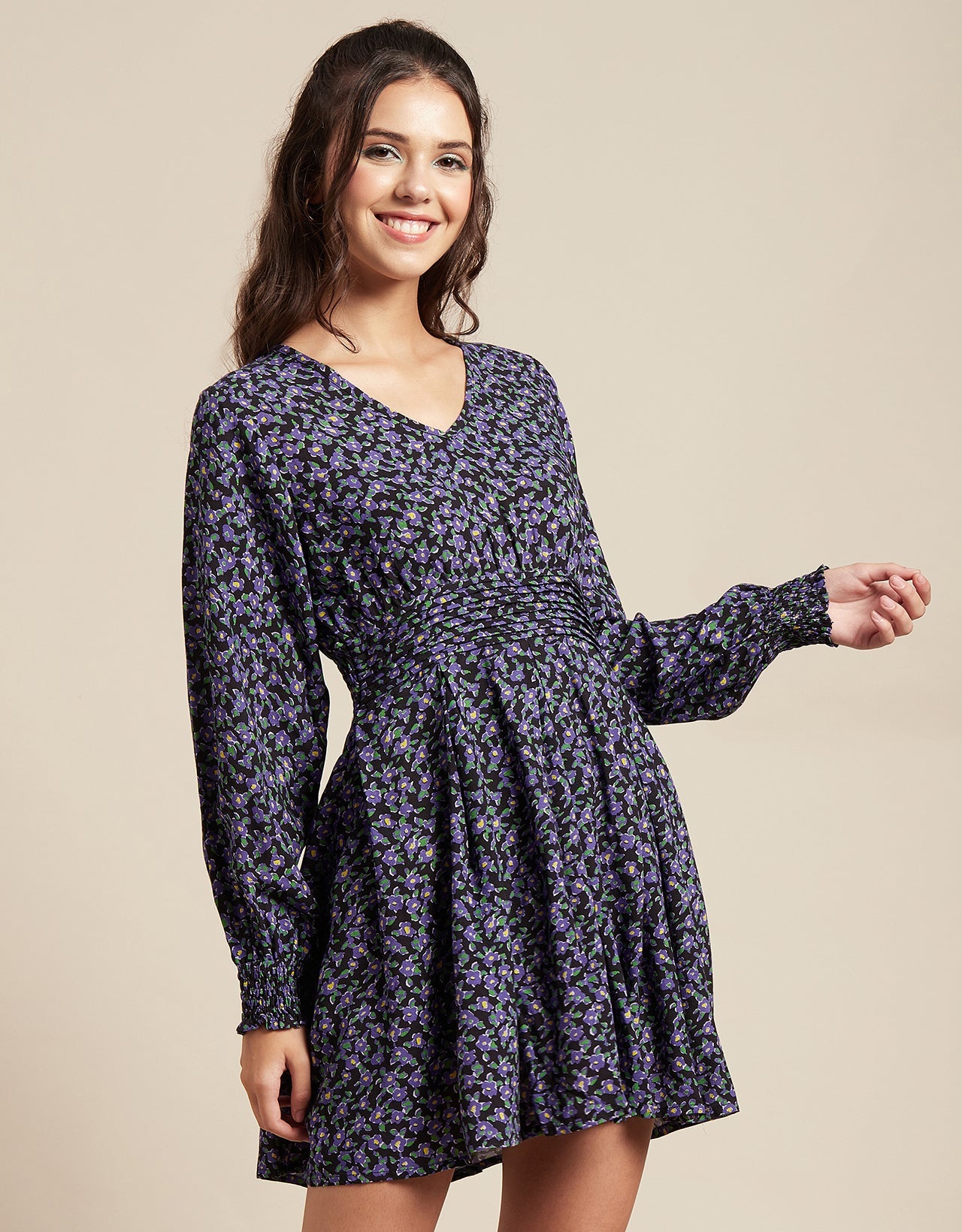 Printed Viscose Dress, Balloon Waist