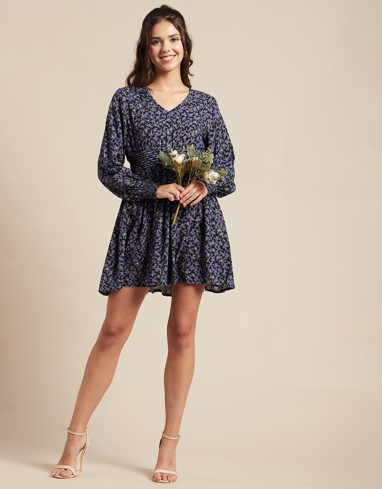 Printed Viscose Dress, Balloon Waist