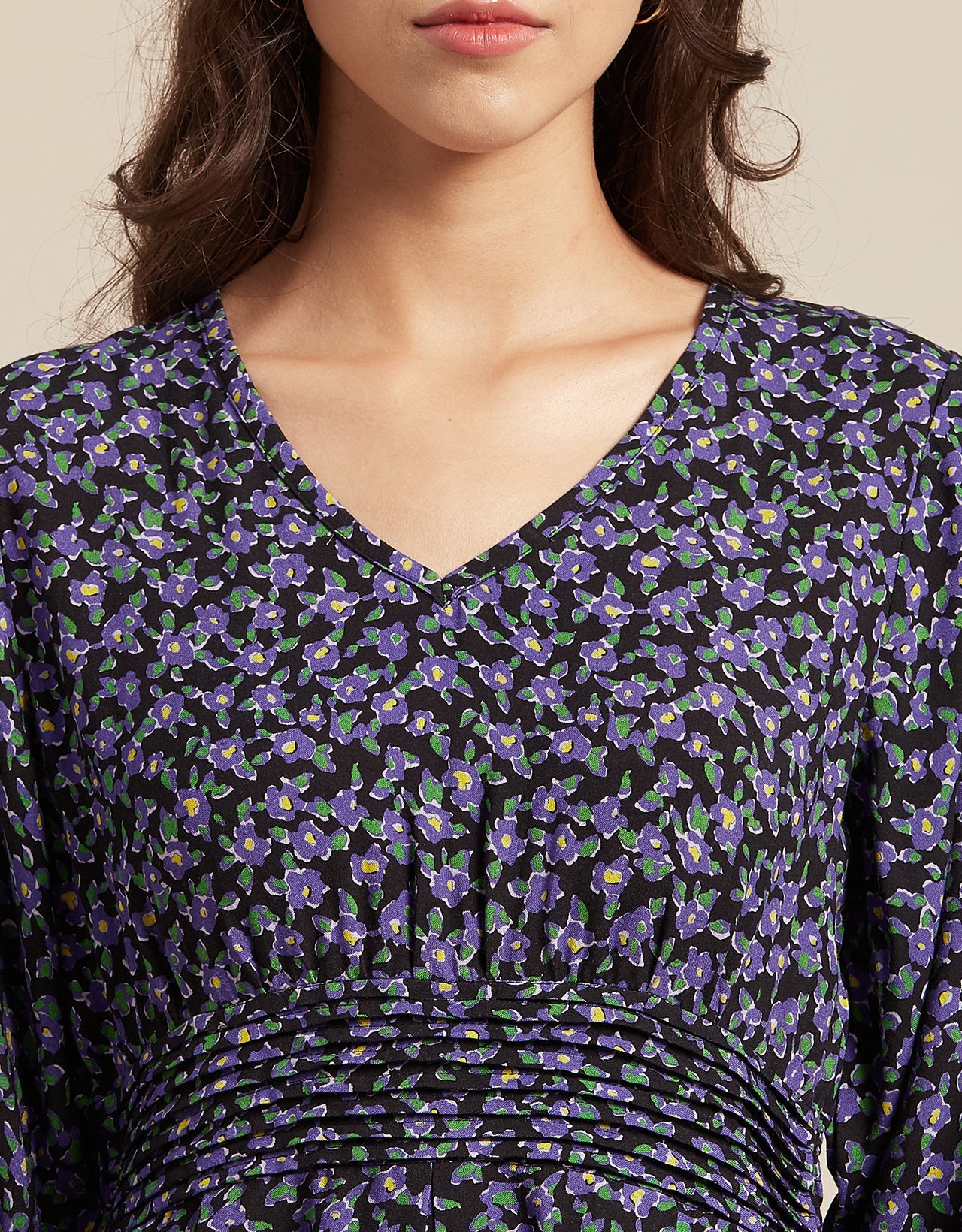 Printed Viscose Dress, Balloon Waist
