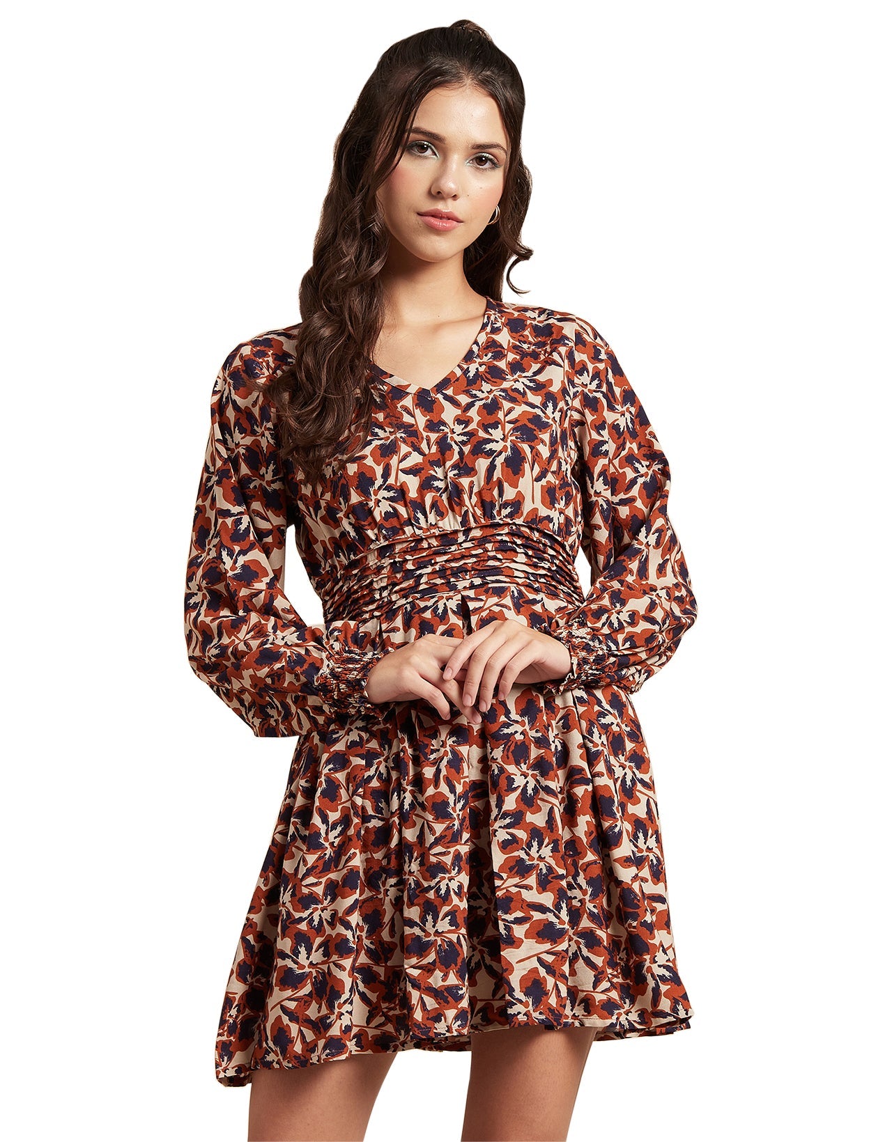 Printed Viscose Dress, Balloon Waist