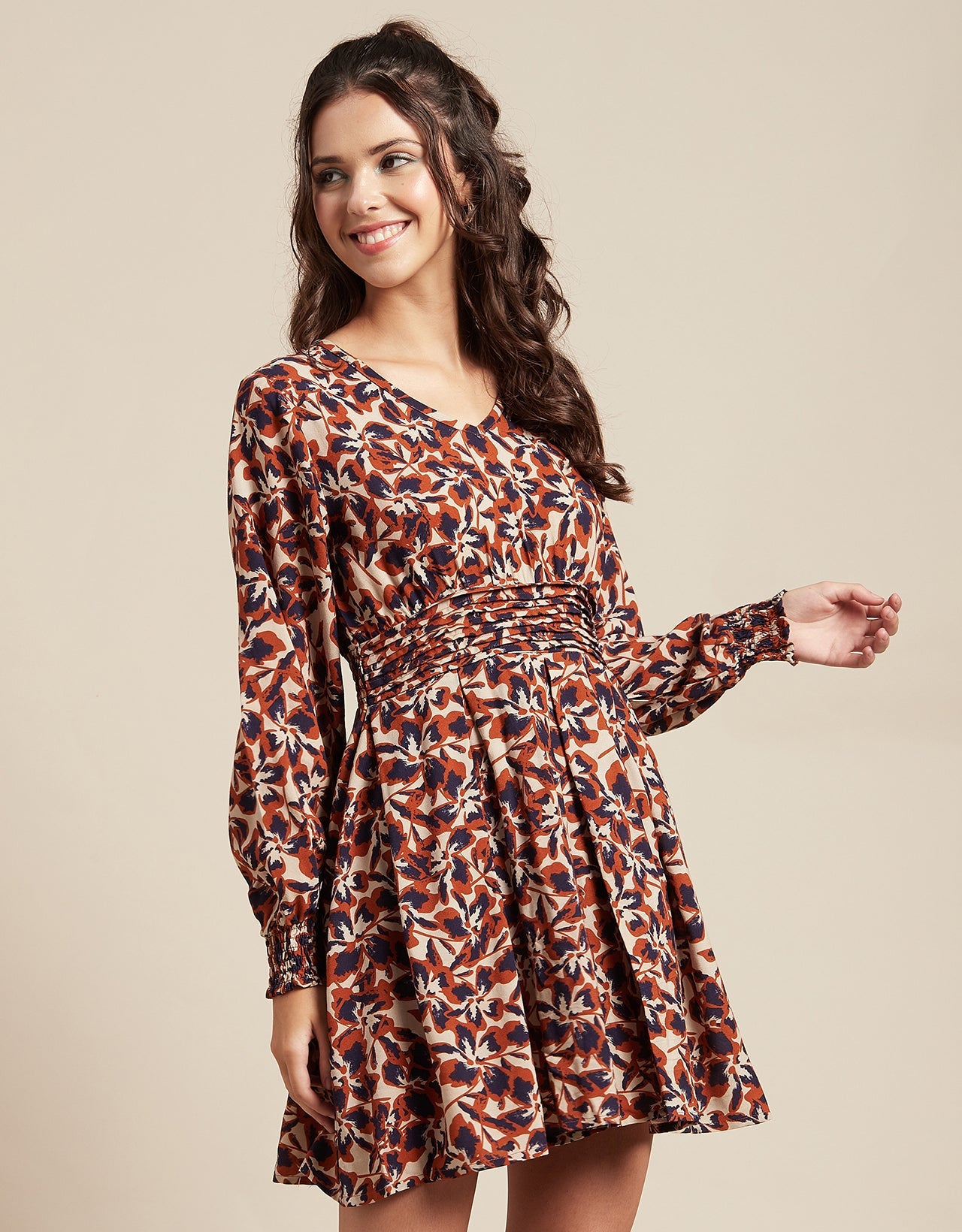 Printed Viscose Dress, Balloon Waist