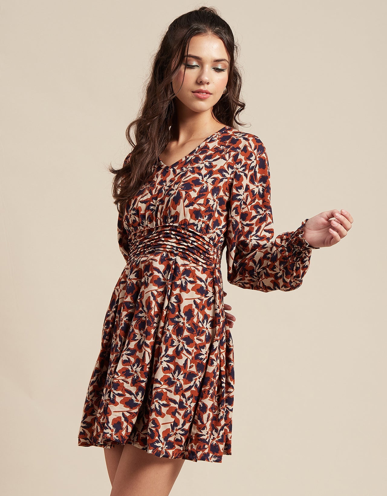 Printed Viscose Dress, Balloon Waist