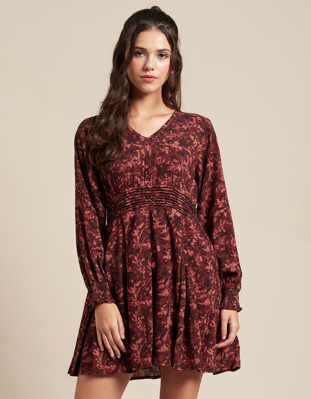 Printed Viscose Dress, Balloon Waist