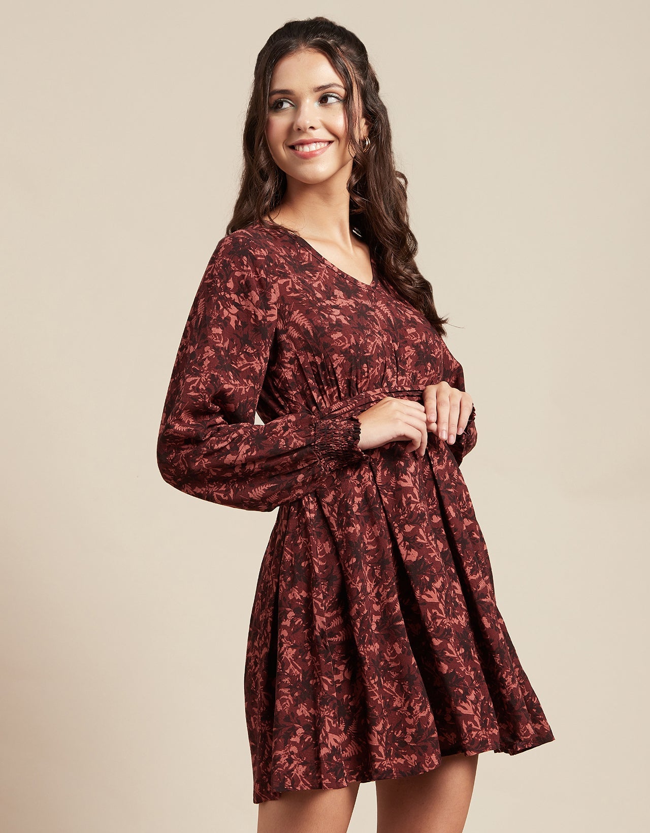 Printed Viscose Dress, Balloon Waist