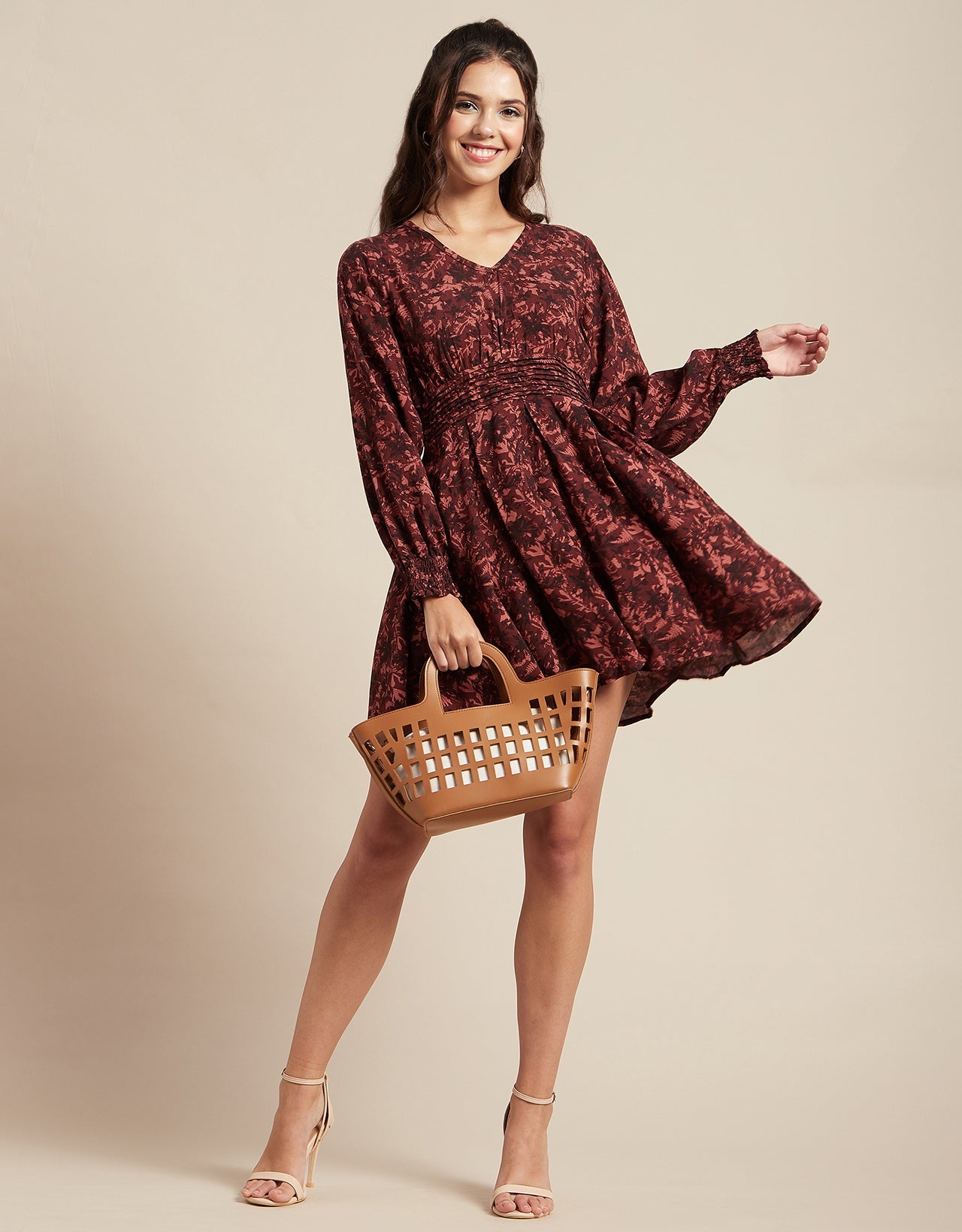 Printed Viscose Dress, Balloon Waist