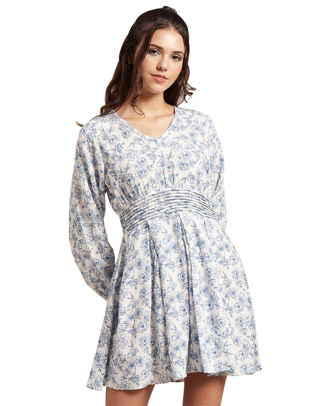 Printed Viscose Dress, Balloon Waist