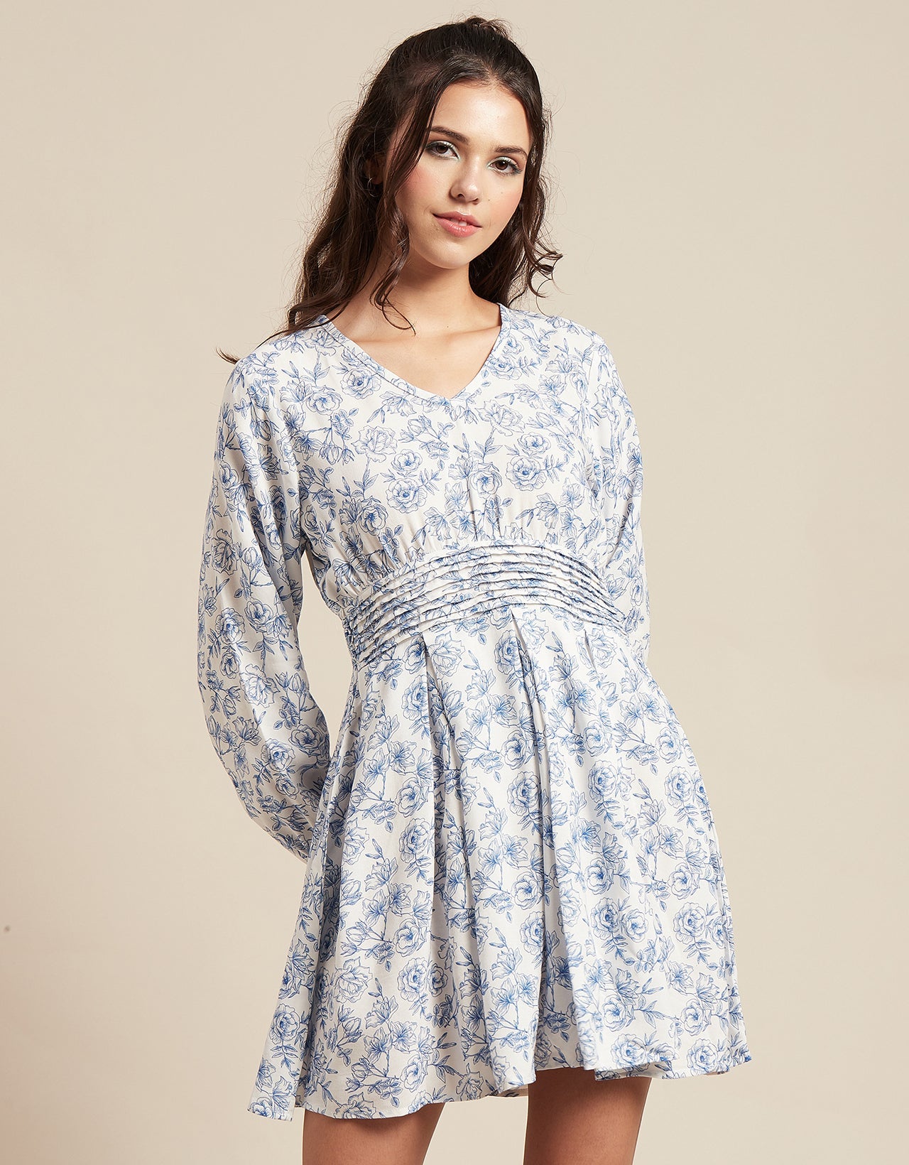 Printed Viscose Dress, Balloon Waist