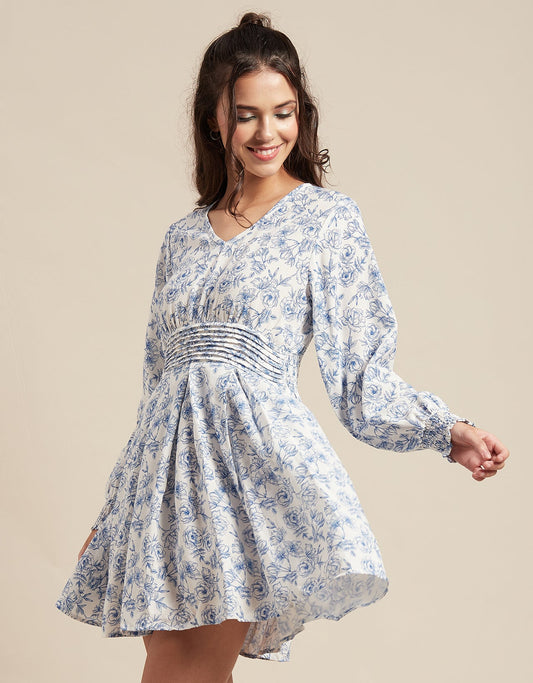 Printed Viscose Dress, Balloon Waist