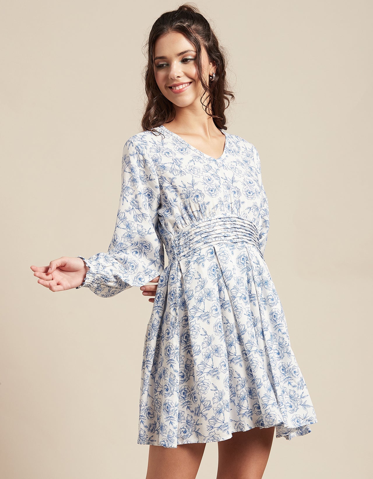 Printed Viscose Dress, Balloon Waist