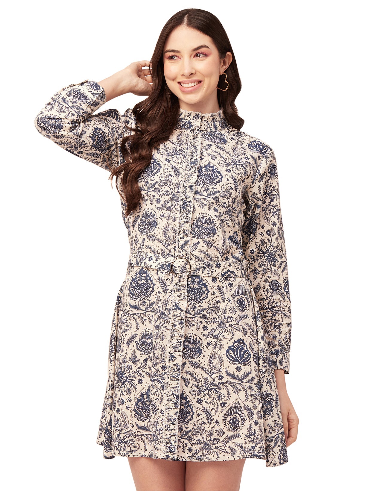 Printed Cotton Dress, Ruffled Collar